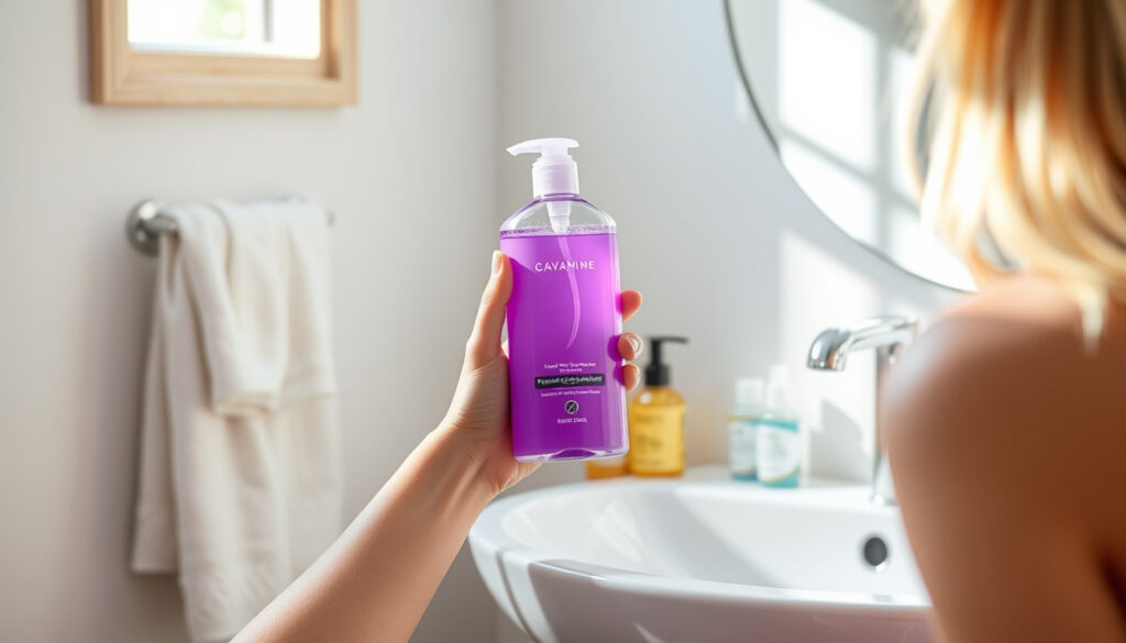 Kylpyhuoneen lavuaarilla violettia shampoo-pulloa pidetään vaaleiden hiusten sävyttämiseen tarkoitettuna tuotteena, vierellä hiustenhoitotarvikkeita