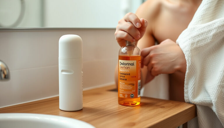 Roll-on-deodorantti ja spray-tuotteet kylpyhuoneen tiskillä, yksi niistä kädessä levitettävänä kainalon alueelle.