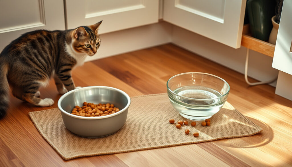 Laakea kissan ruokakuppi lattialla kotikeittiössä, vieressä toinen kulho ja ruoanannostelukaukala.