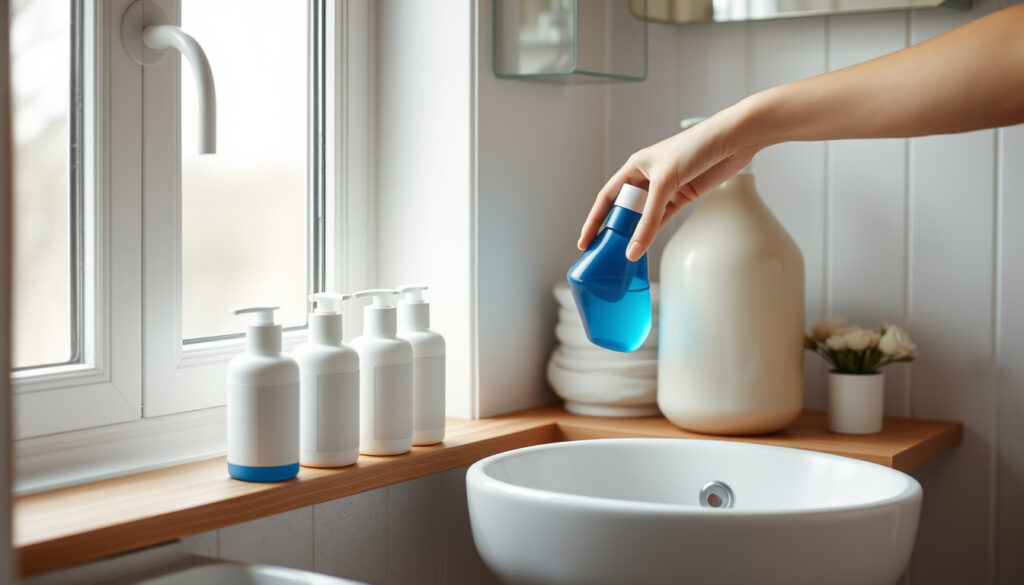 Kylpyhuoneen lavalla suomalaisia shampoo-pulloja, joista yhtä nostetaan kädellä katsottavaksi ostoshetkessä.