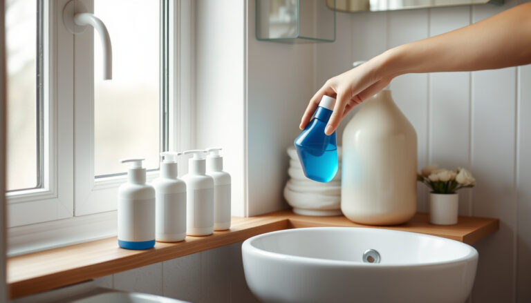 Kylpyhuoneen lavalla suomalaisia shampoo-pulloja, joista yhtä nostetaan kädellä katsottavaksi ostoshetkessä.