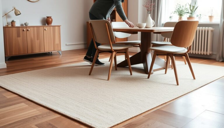 Matala ja sileäpintainen beige matto ruokapöydän alla puulattialla, tuolia liikutetaan sujuvasti maton pinnan yli valoisassa kotikeittiössä