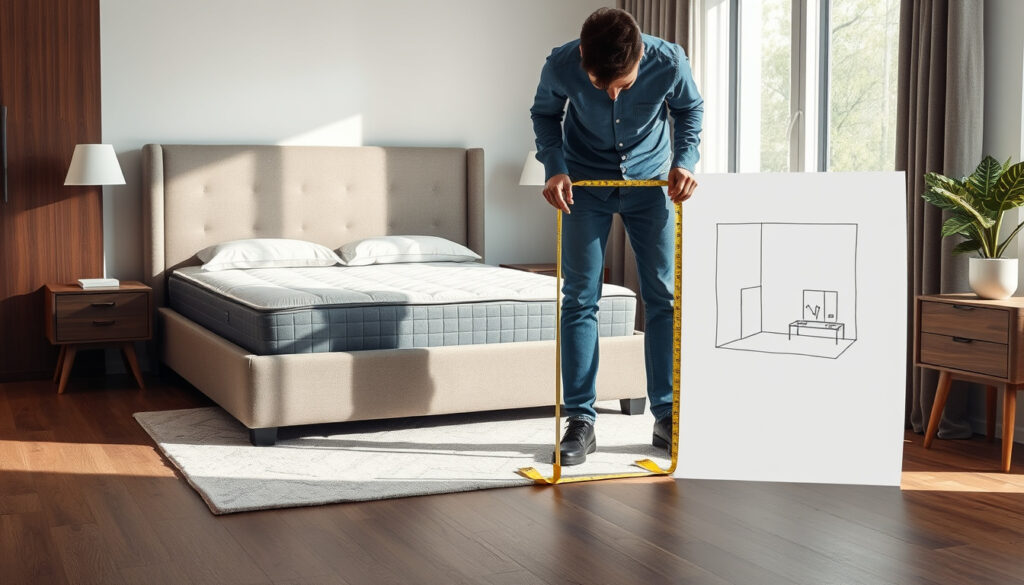 Avaran makuuhuoneen seinustalla seisova leveä 120 cm:n vuode verhoillulla rungolla ja patjalla, viereen sijoitettuna mittanauha ja makuuhuoneen pohjapiirros.