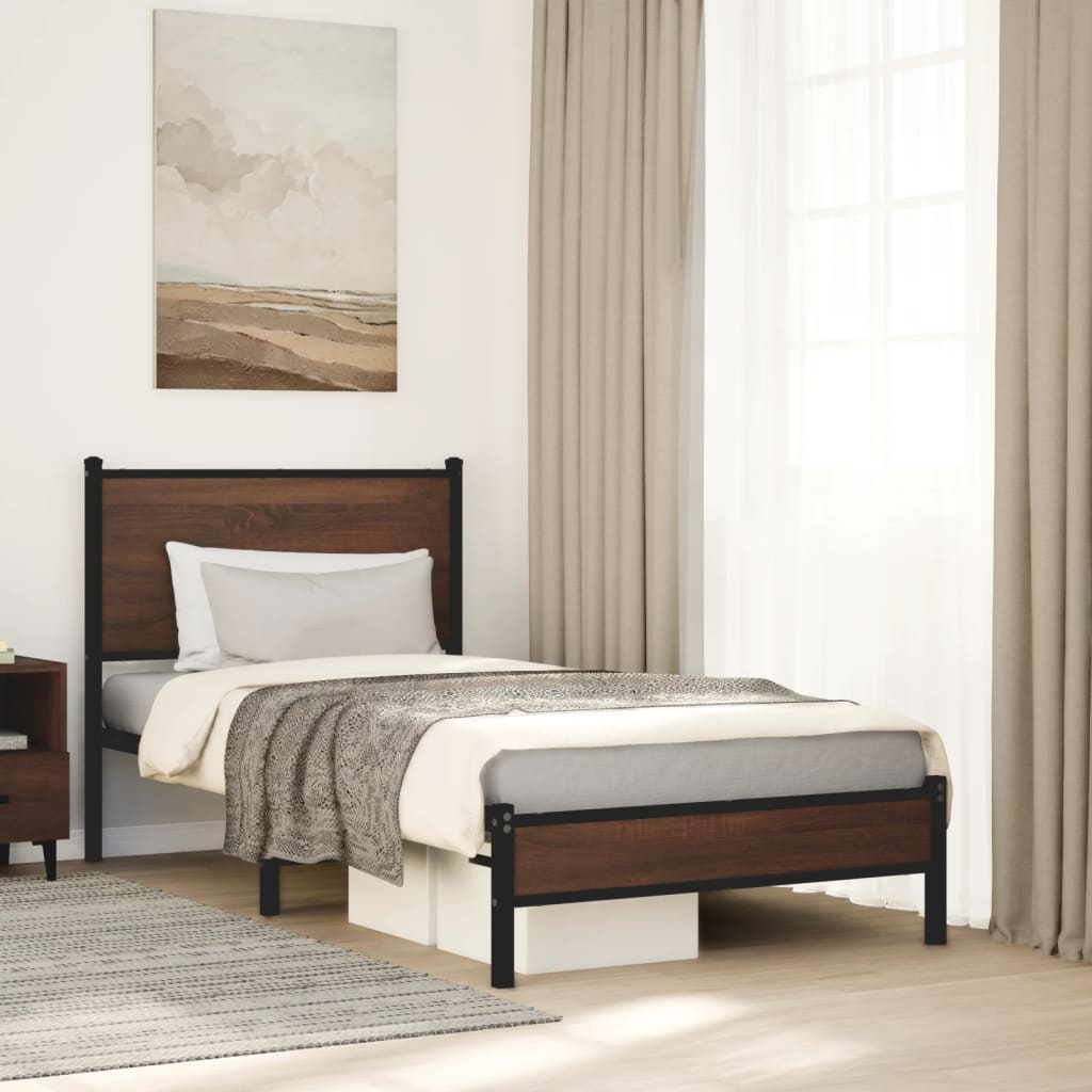 vidaXL Metallinen sängynrunko ilman patjaa ruskea tammi 90x190 cm